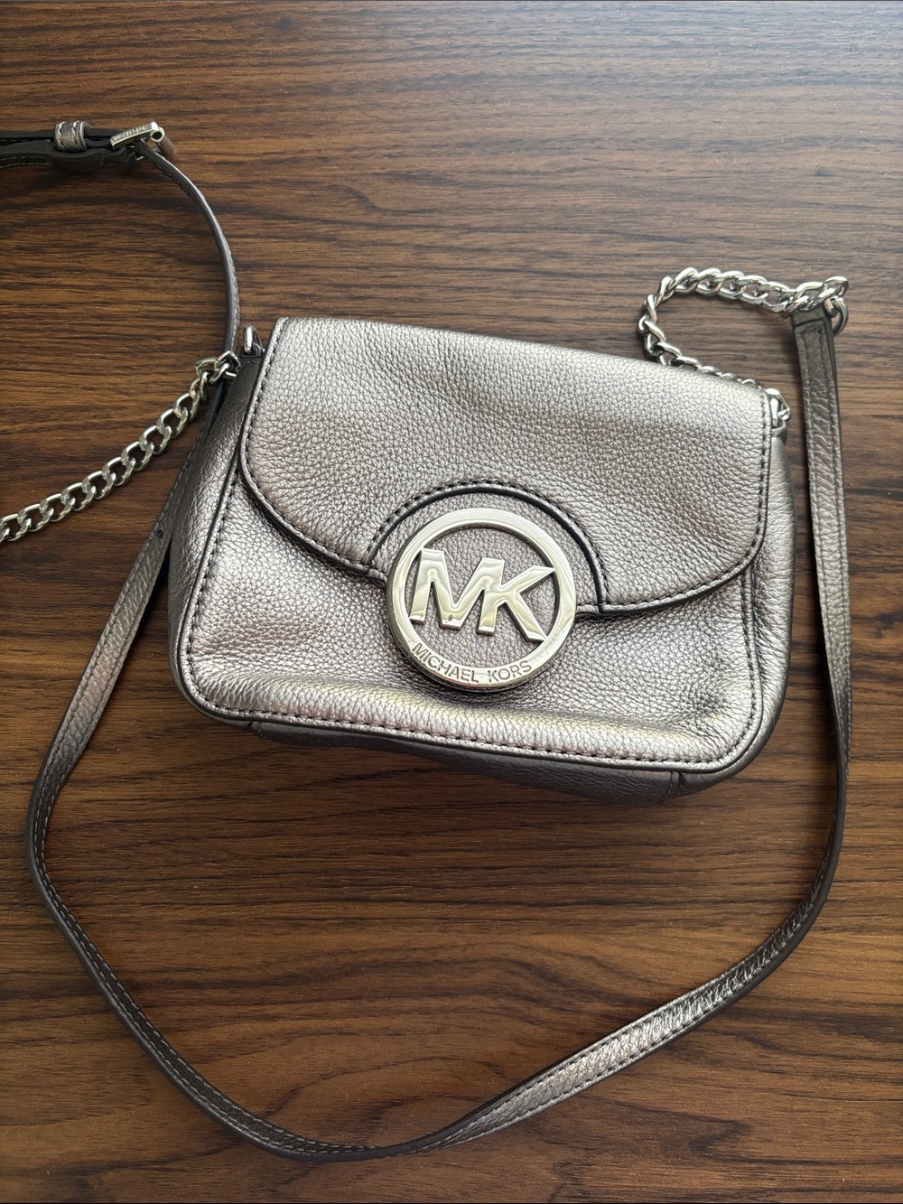 Michael Kors Metallic Pewter MK Logo Crossbody Bag